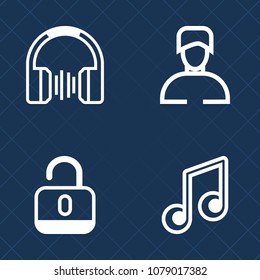 Premium set of outline vector icons. Such as man, white, listen, music, character, security, casual, earphone, clef, unlock, equipment, padlock, audio, technology, fashion, protection, melody, key