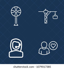Premium set of outline vector icons. Such as online, air, propeller, blower, headset, profile, equipment, drill, blade, construction, white, operator, people, hammer, fan, collection, social, work