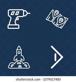 Premium set of outline vector icons. Such as button, construction, repair, industrial, space, power, work, map, launch, electric, instrument, travel, navigation, machine, hand, discovery, metal, place