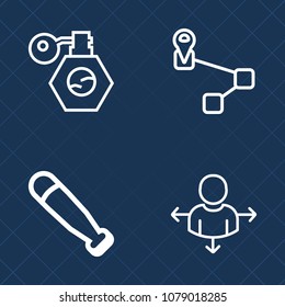 Premium set of outline vector icons. Such as recreation, equipment, location, destination, marker, arrow, hygiene, navigation, play, ball, lotion, information, button, bat, cosmetic, travel, tube, pin