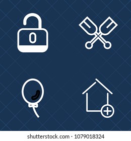 Premium set of outline vector icons. Such as balloon, air, open, home, sport, apartment, wooden, add, new, celebration, fun, river, kayak, holiday, protection, password, marine, estate, boat, oar, old