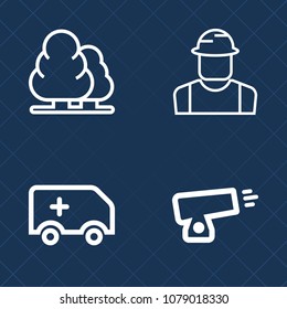Premium set of outline vector icons. Such as rescue, nature, professional, foliage, city, war, hat, ball, male, green, forest, cannon, tree, landscape, industrial, emergency, engineer, builder, car