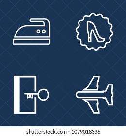 Premium set of outline vector icons. Such as heel, electrical, fashion, footwear, elegance, woman, emergency, transportation, fly, beautiful, iron, home, household, frame, air, fire, door, board, exit