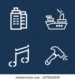 Premium set of outline vector icons. Such as hammer, key, home, weapon, silhouette, modern, boat, sign, screwdriver, architecture, sea, construction, shovel, musical, warship, graphic, military, house
