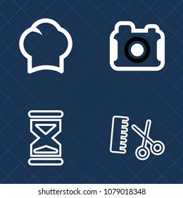 Premium set of outline vector icons. Such as timer, clock, kitchen, scissors, chief, photography, cooking, sand, male, hair, occupation, man, camera, hat, person, measure, time, photo, countdown, film
