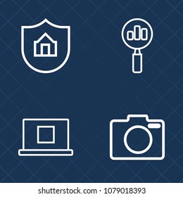 Premium set of outline vector icons. Such as digital, protection, concept, magnify, technology, camera, house, care, avatar, black, head, housing, focus, security, family, film, professional, lens