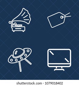 Premium set of outline vector icons. Such as entertainment, shop, sound, retro, tag, audio, electronic, object, vintage, label, discount, web, display, white, computer, spaceship, music, old, song