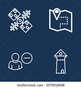 Premium set of outline vector icons. Such as place, human, system, signal, delete, graphic, wireless, navigation, sign, pin, avatar, profile, reject, satellite, paris, network, earth, tower, landmark