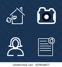 Premium set of outline vector icons. Such as mortgage, real, sale, agent, camera, young, photograph, buy, house, agreement, investment, pretty, paper, equipment, face, document, estate, property, loan