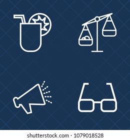 Premium set of outline vector icons. Such as fresh, power, drink, justice, measure, audio, eyeglasses, ice, equality, fruit, volume, party, music, measurement, speaker, vision, tropical, sign, alcohol