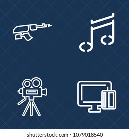 Premium set of outline vector icons. Such as camera, retro, note, soldier, gun, black, rifle, shot, sound, machine, business, tripod, banking, vintage, equipment, automatic, graphic, weapon, buy, sign