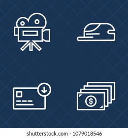 Premium set of outline vector icons. Such as old, white, banking, industry, wear, media, accessory, camera, black, bank, video, style, wealth, object, front, dollar, fashion, money, hand, head, cinema