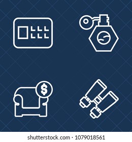 Premium set of outline vector icons. Such as bank, protection, spy, door, steel, security, system, interior, comfortable, equipment, home, watch, pump, safety, cream, furniture, object, sofa, retail