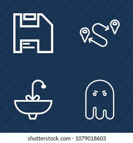 Premium set of outline vector icons. Such as floppy, web, faucet, map, tap, sign, destination, halloween, location, marker, wet, diskette, scary, ghost, bathroom, night, save, navigation, fear, place