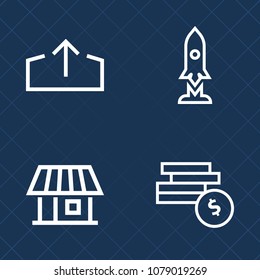 Premium set of outline vector icons. Such as banking, concept, coin, estate, business, science, web, ship, technology, bank, window, sign, craft, space, new, building, house, spaceship, blue, graphic