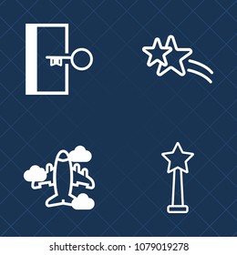 Premium set of outline vector icons. Such as abstract, new, safety, transport, fire, door, aircraft, shiny, transportation, trophy, glitter, arrow, winner, white, flight, aviation, security, doorway