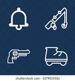 Premium set of outline vector icons. Such as tackle, revolver, sport, female, leisure, reminder, trigger, metal, danger, alarm, doorbell, handgun, bell, sign, gun, alert, fish, call, war, crime, hook