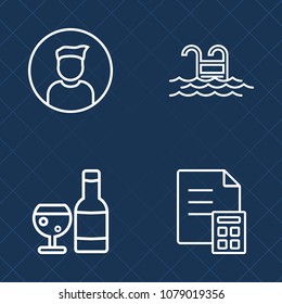 Premium set of outline vector icons. Such as pool, relaxation, cash, banking, people, money, investment, winery, vacation, bottle, resort, alcohol, business, hotel, profile, summer, male, avatar, coin