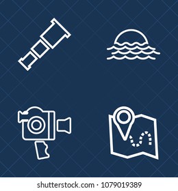 Premium set of outline vector icons. Such as science, sky, outdoor, astronomy, navigation, city, light, sunny, pin, space, planet, lens, star, handle, nature, beautiful, movie, map, landscape, media