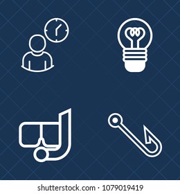Premium set of outline vector icons. Such as minute, snorkeling, shine, summer, mask, work, hour, hook, snorkel, rod, white, bulb, watch, sea, electricity, timer, clock, office, lamp, travel, idea