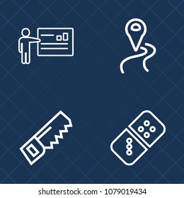 Premium set of outline vector icons. Such as collection, pin, female, group, domino, risk, hammer, drill, saw, conference, building, work, travel, play, audience, businessman, leisure, direction, male
