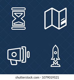 Premium set of outline vector icons. Such as watch, loud, space, ship, hourglass, sound, countdown, world, vintage, cartography, announcement, announce, continent, galaxy, glass, satellite, hour, sand