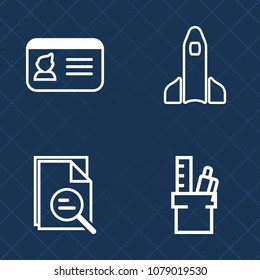 Premium set of outline vector icons. Such as technology, id, stationery, object, glass, launch, magnifying, card, flight, male, science, search, equipment, computer, desk, spaceship, magnify, ship