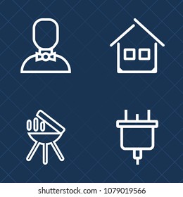 Premium set of outline vector icons. Such as barbecue, home, male, business, charcoal, real, social, profile, people, cord, cable, power, meat, man, grilled, grill, outlet, web, plug, architecture