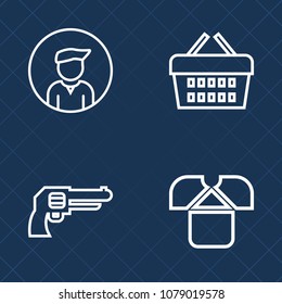 Premium set of outline vector icons. Such as weapon, sale, casual, store, object, style, army, war, fashion, military, boy, man, firearm, front, men, character, security, retail, handgun, guy, tshirt