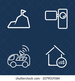 Premium set of outline vector icons. Such as snow, satellite, video, old, nature, housing, sale, lens, rock, transportation, technology, property, navigation, top, car, direction, gps, house, mountain