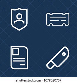 Premium set of outline vector icons. Such as identification, admission, meat, admit, cook, sign, male, film, shield, show, paper, badge, black, document, protect, personal, concert, plastic, name, cut
