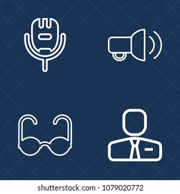 Premium set of outline vector icons. Such as sound, employee, announce, karaoke, song, loud, music, work, singer, speaker, announcement, message, man, sun, eyeglasses, sunglasses, musical, musician