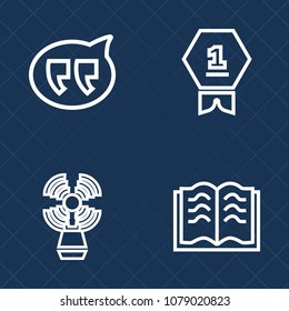 Premium set of outline vector icons. Such as document, ribbon, chatting, building, light, competition, tower, champion, talk, travel, speech, book, win, prize, place, communication, textbook, marine