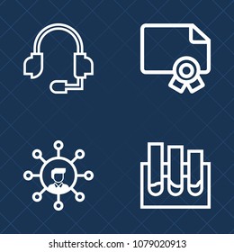 Premium set of outline vector icons. Such as document, support, screen, white, cutout, certificate, equipment, holding, achievement, science, chemical, sound, tube, headphone, medicine, mobile, audio