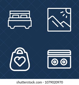 Premium set of outline vector icons. Such as picture, background, photo, outdoor, accessory, style, white, furniture, modern, handbag, leather, double, music, retro, travel, stereo, handle, scenic