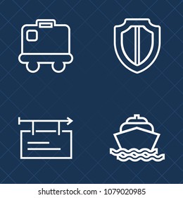 Premium set of outline vector icons. Such as protection, arrival, poster, boat, web, sign, advertising, safe, shield, airplane, flight, baggage, bag, cruise, guard, vessel, yacht, ad, suitcase, travel