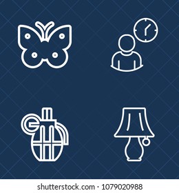 Premium set of outline vector icons. Such as grenade, nature, natural, yellow, collection, deadline, hand, colorful, war, bulb, lamp, dangerous, clock, combat, insect, hour, work, fly, watch, concept