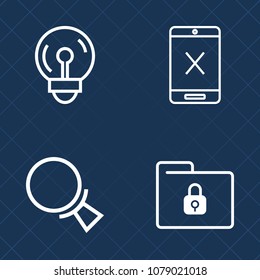 Premium set of outline vector icons. Such as document, innovation, file, stop, network, cord, lightbulb, illumination, coaxial, security, light, power, lock, television, tv, cable, safety, magnifier
