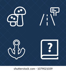 Premium set of outline vector icons. Such as ocean, champignon, mushroom, road, cruise, white, food, calligraphy, author, old, anchor, information, paper, warning, raw, edible, transportation, tasty