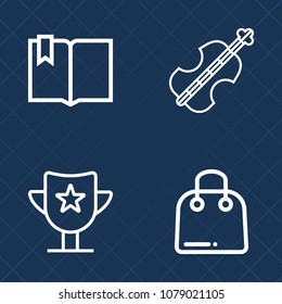 Premium set of outline vector icons. Such as white, music, paper, sound, gift, win, retail, bass, award, sign, library, sport, book, violoncello, reward, competition, concert, read, open, instrument