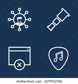 Premium set of outline vector icons. Such as music, musical, space, modern, approved, universe, holding, watching, star, cutout, dark, sound, website, approve, communication, element, button, galaxy