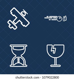 Premium set of outline vector icons. Such as flight, airplane, timer, crack, crash, measure, game, aircraft, fly, travel, tourism, sharp, countdown, window, aviation, minute, hour, plane, clock, air