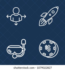 Premium set of outline vector icons. Such as exploration, astronaut, place, discovery, luck, underwater, risk, science, location, equipment, ship, chip, beach, chance, game, shuttle, space, spaceship