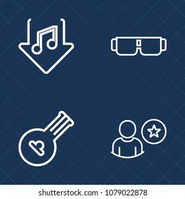 Premium set of outline vector icons. Such as object, internet, wear, technology, eyeglasses, subscribe, profile, summer, sunglasses, melody, music, play, business, string, player, online, musical, old
