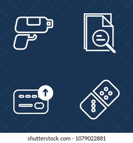 Premium set of outline vector icons. Such as tool, retro, bank, leisure, look, search, glass, sign, white, domino, currency, chain, gun, lens, wealth, magnify, magnifying, effect, graphic, game, coin