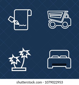 Premium set of outline vector icons. Such as heavy, pen, transport, car, leaf, mark, sign, white, summer, lorry, truck, note, vehicle, construction, interior, hotel, dump, nature, palm, double, check