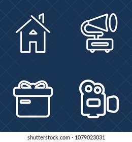 Premium set of outline vector icons. Such as door, entertainment, sound, professional, media, retro, record, camera, property, vinyl, camcorder, play, modern, estate, architecture, disc, gift, box