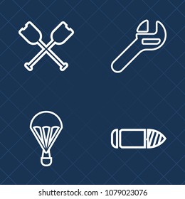 Premium set of outline vector icons. Such as skydiving, weapon, fly, skydiver, industry, shot, marine, steel, equipment, sport, mechanic, metal, paddle, kayak, parachute, parachuting, canoe, oar, gun