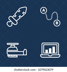 Premium set of outline vector icons. Such as sword, technology, chopper, flight, ancient, marker, travel, medieval, battle, position, chart, data, graph, dagger, screen, war, bar, point, graphic, map