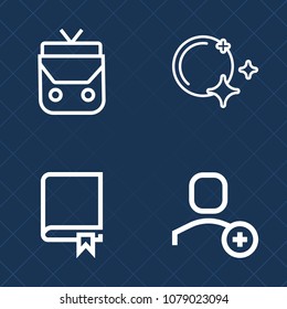 Premium set of outline vector icons. Such as light, textbook, fashion, read, brown, moon, book, education, handle, luggage, background, star, study, sky, encyclopedia, dictionary, pictogram, white